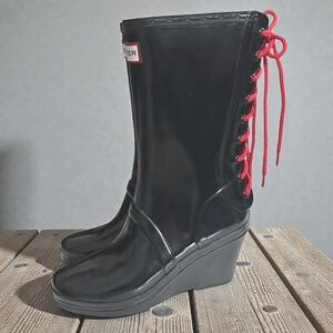 Hunter Verbier Black Wedge Rain Boots Lace-Up Tall Waterproof US 6